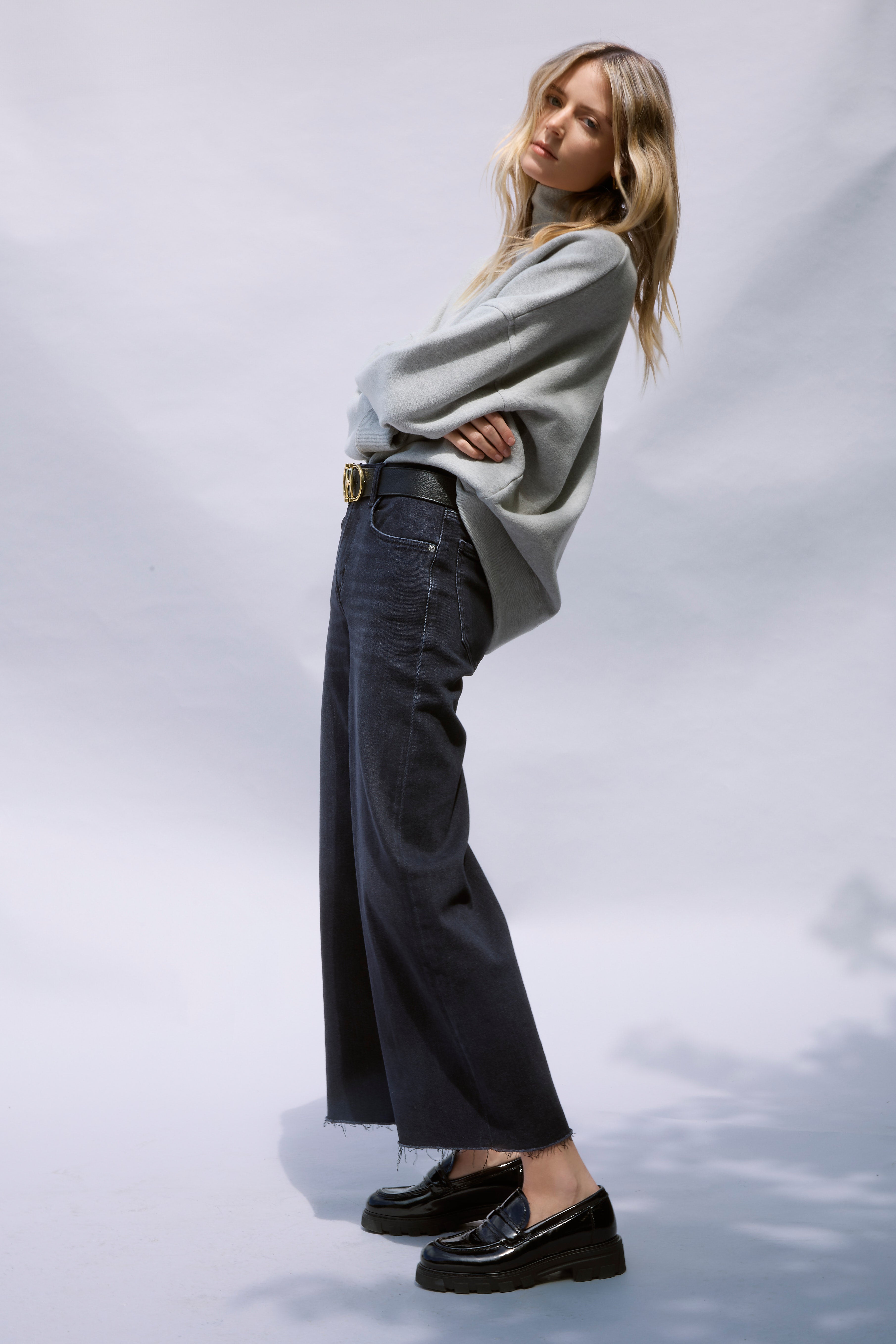 The Lyra Wide Leg Crop and the Cara Heather Grey Turtleneck by Citizens of Humanity accessorized with the Della loafer from La Canadienne