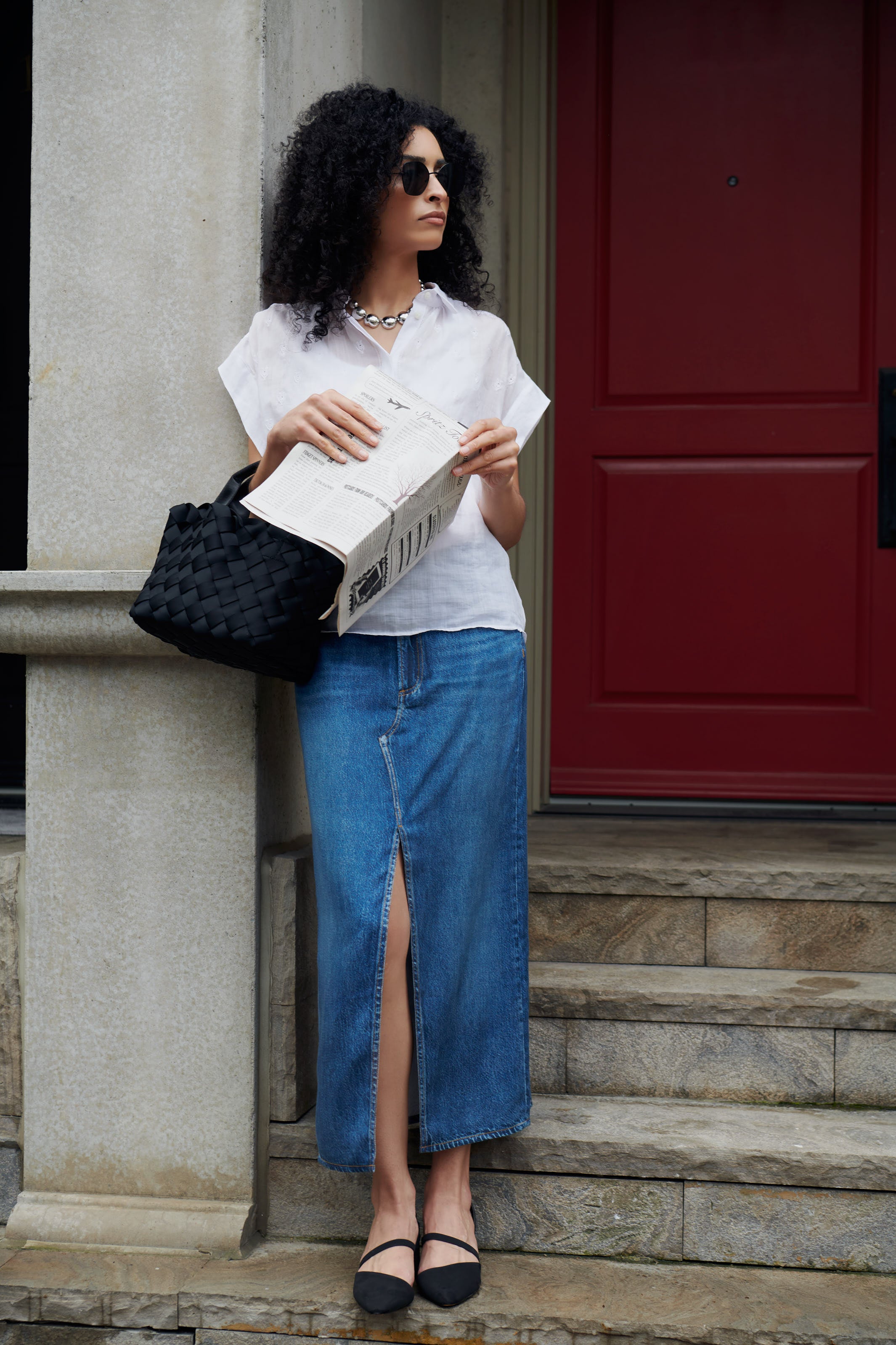  Robin Embroidered Top and Miramar Clara Midi Skirt from Rag & Bone accessorized with the Nicola Collar Necklace by Biko 