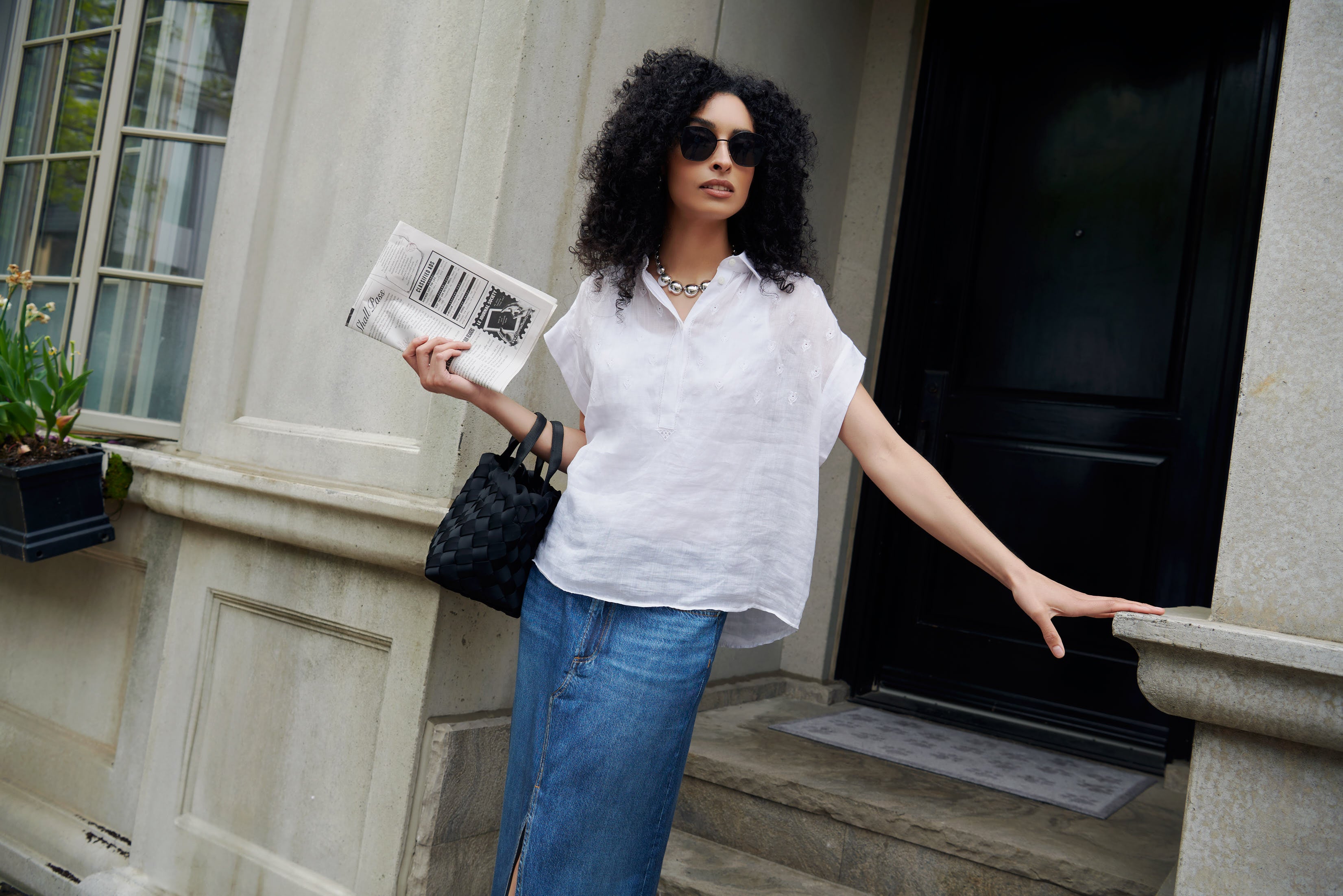  Robin Embroidered Top and Miramar Clara Midi Skirt from Rag & Bone accessorized with the Nicola Collar Necklace by Biko 