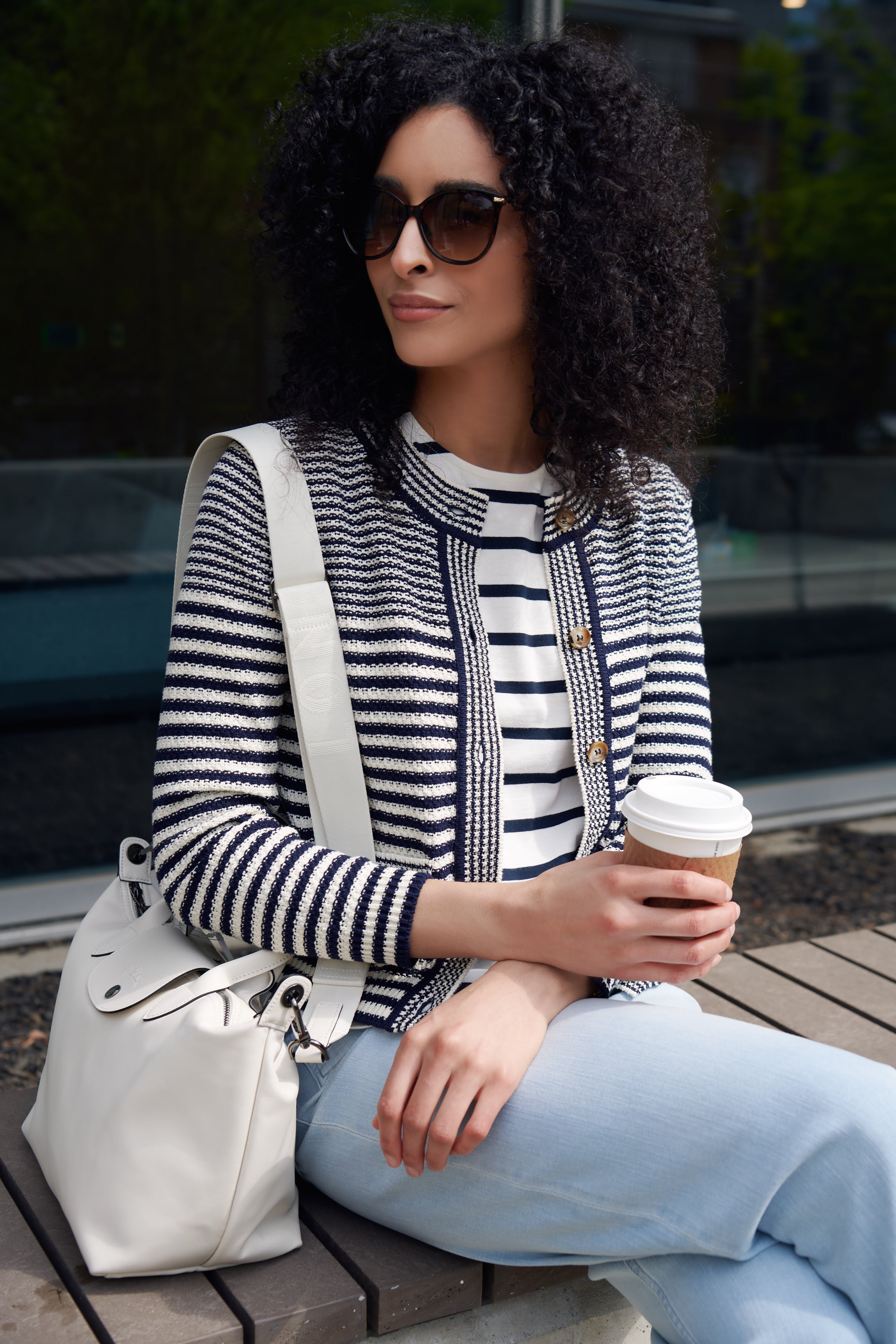 The Compact Stripe Cardigan and The 70s Patch Pocket Crop Straight by Frame styled with the Extra Small Le Pliage Handbag by Longchamp