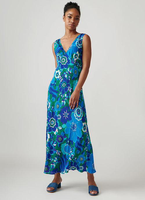 RIXO Sandrine Sleeveless Blue Print Midi Dress