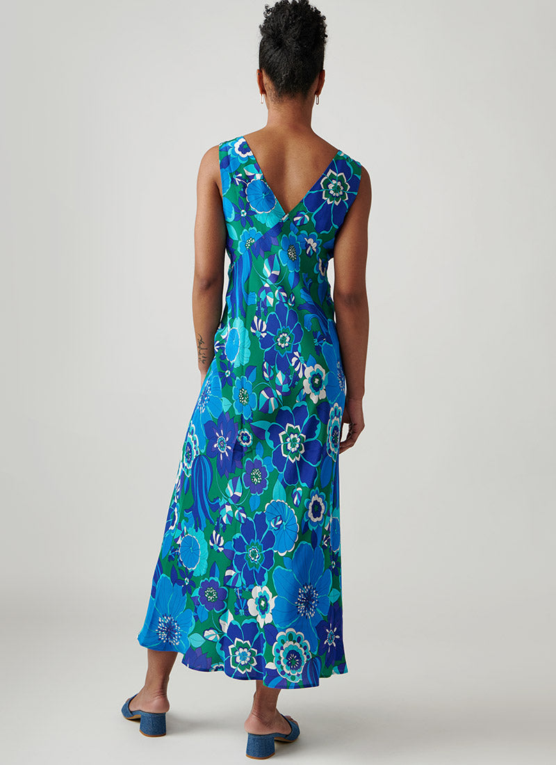 RIXO Sandrine Sleeveless Blue Print Midi Dress