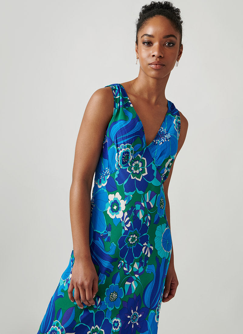 RIXO Sandrine Sleeveless Blue Print Midi Dress