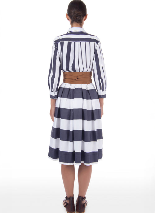 Sara Roka Cotton Striped Shirt Dress with Belt