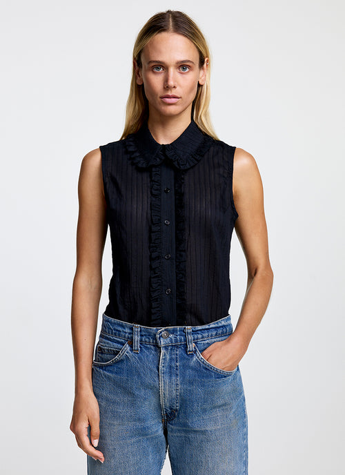 Smythe Sleeveless Ruffle Trim Shirt